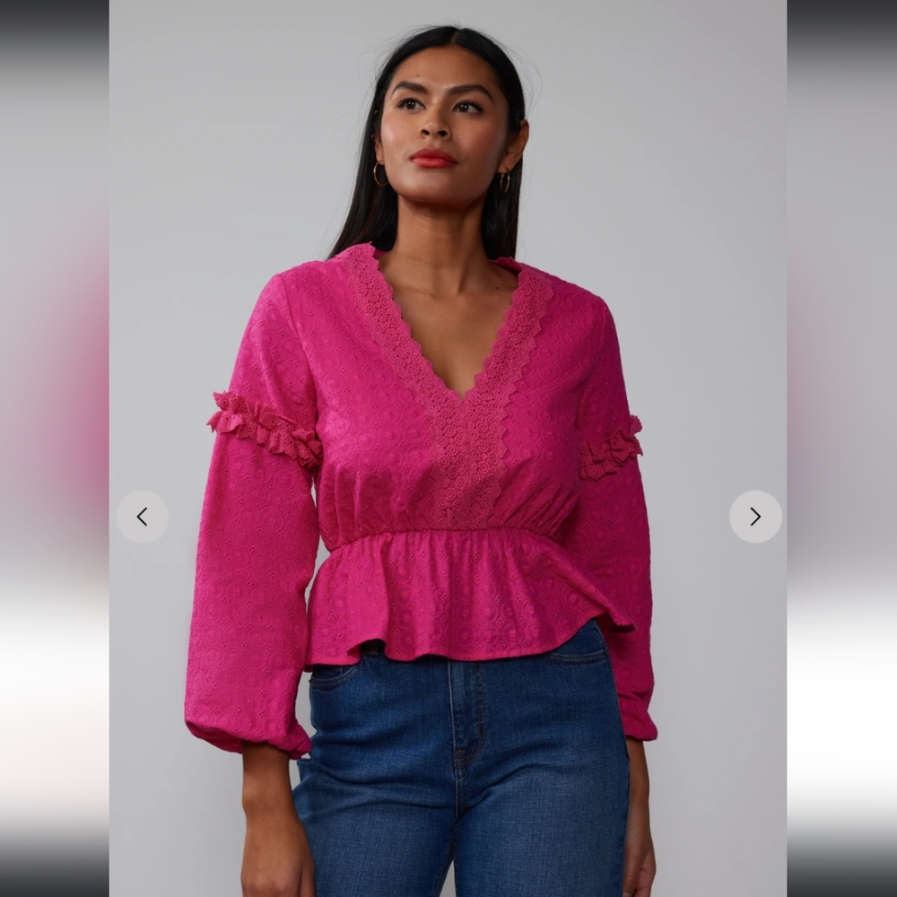 NEW YORK & COMPANY BALLOON SLEEVE PEPLIM V-NECK EYELET BLOUSE